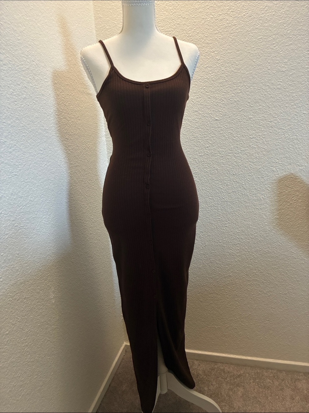 Streetwear Society Chocolate Ribbed Button-Front Maxi Dress